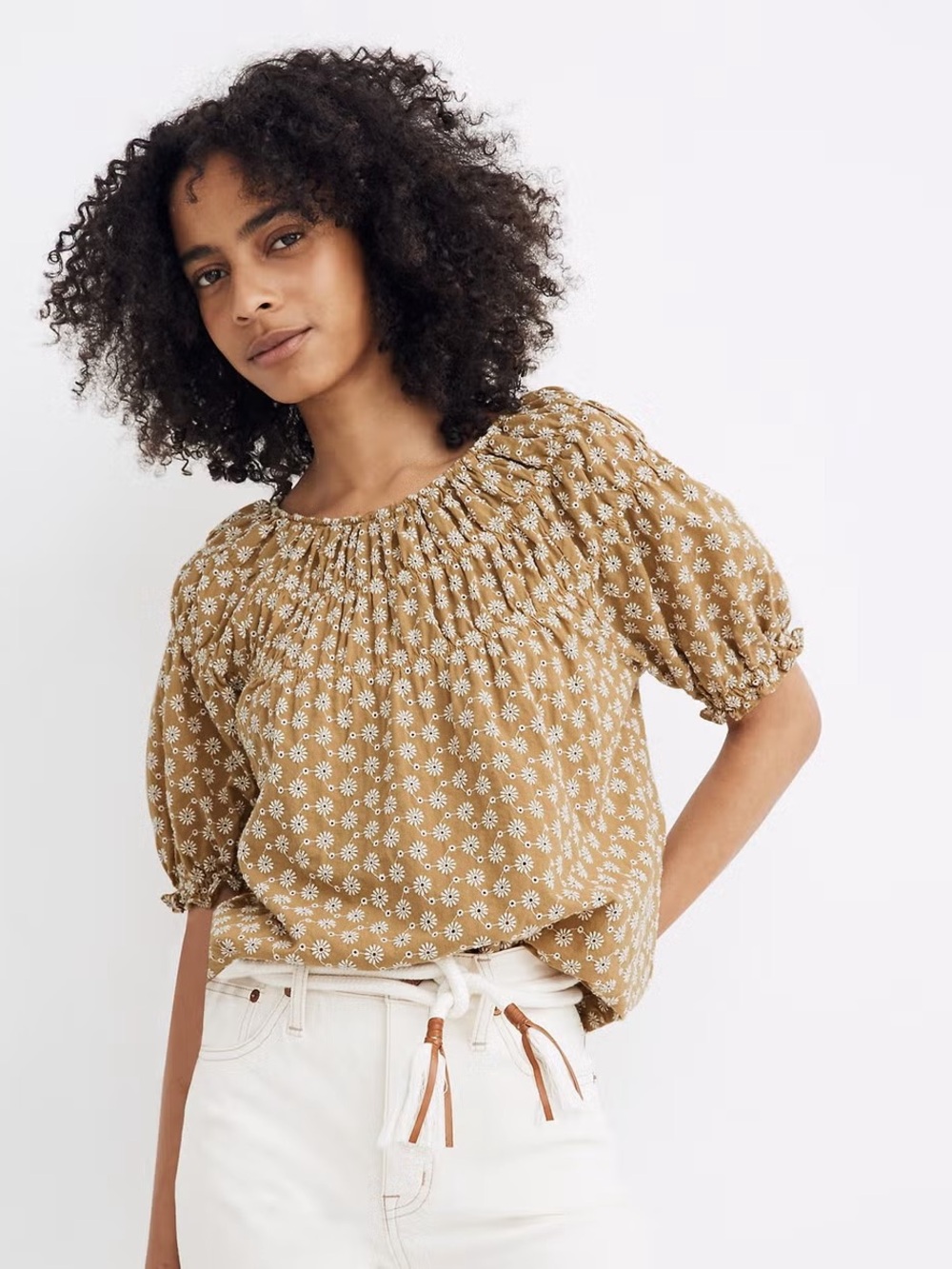 Madewell Daisy Embroidered Shirred Puff-Sleeve Top EUC
